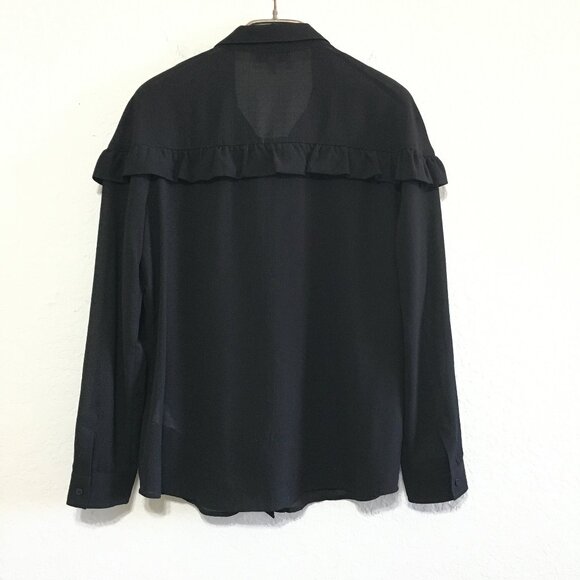 Paul & Joe Sister Black Flowy Semi-Sheer Blouse Size 3 Button Down Collar Ruffle - Picture 9 of 14